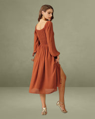 Red Puffed Sleeve Slit Midi Dress