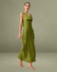 Green Satin Cowl Neck Maxi Dress