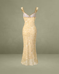 Yellow Floral Ruched Ruffle Midi Dress