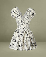 White Floral Ruched V Neck Mini Dress