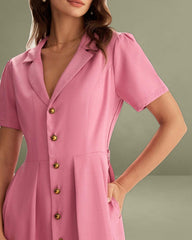 Rose Red V-Neck Button Midi Dress