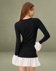 Black Contrasting A-Line Ruffle Mini Dress