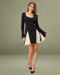 Black Contrasting Bell Sleeve Mini Dress