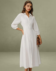 White A-Line Button Midi Dress