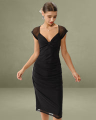 Black V Neck Mesh Midi Dress