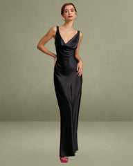 Black Cowl Neck Sheath Satin Maxi Dress