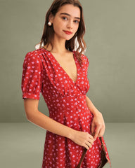 Red Polka Dot Ruched Midi Dress