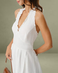 White V Neck Halter Sleeveless Midi Dress