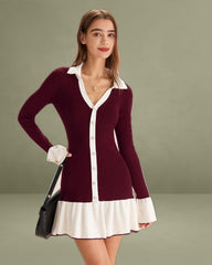 Wine Red Contrasting Sweater Dress