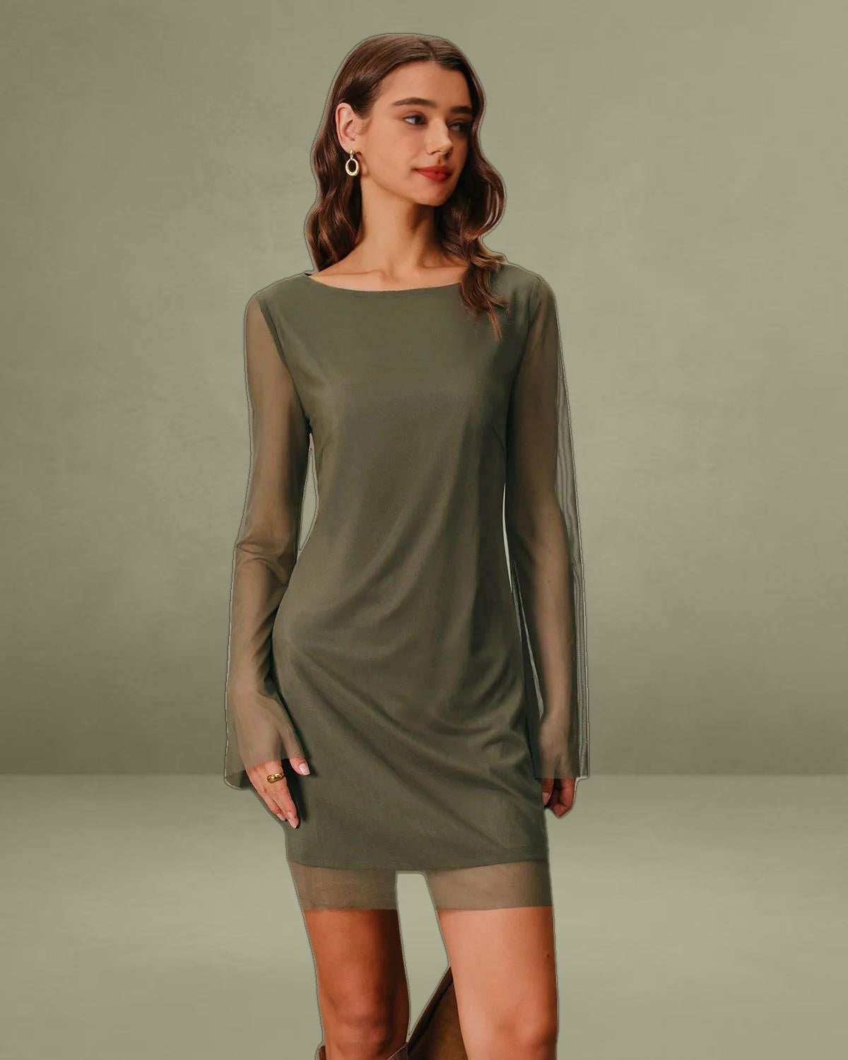 Green Mesh Boat Neck A-Line Mini Dress