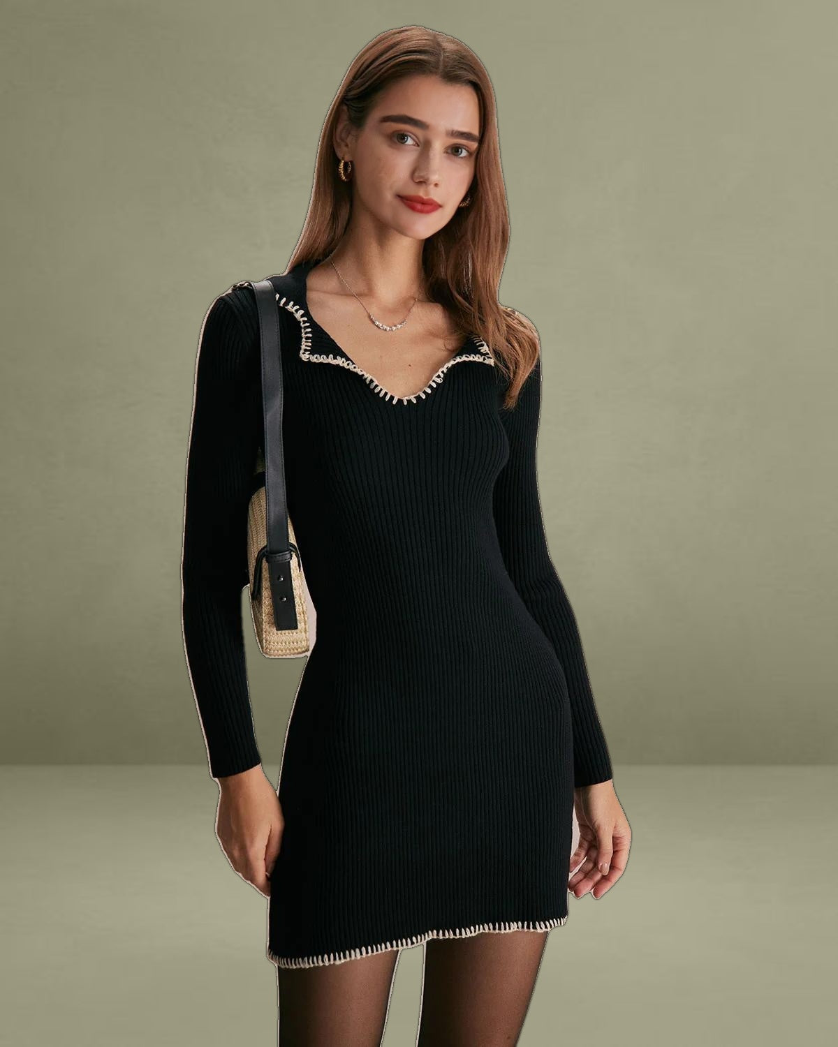 The Black Contrast Stitch Sweater Mini Dress