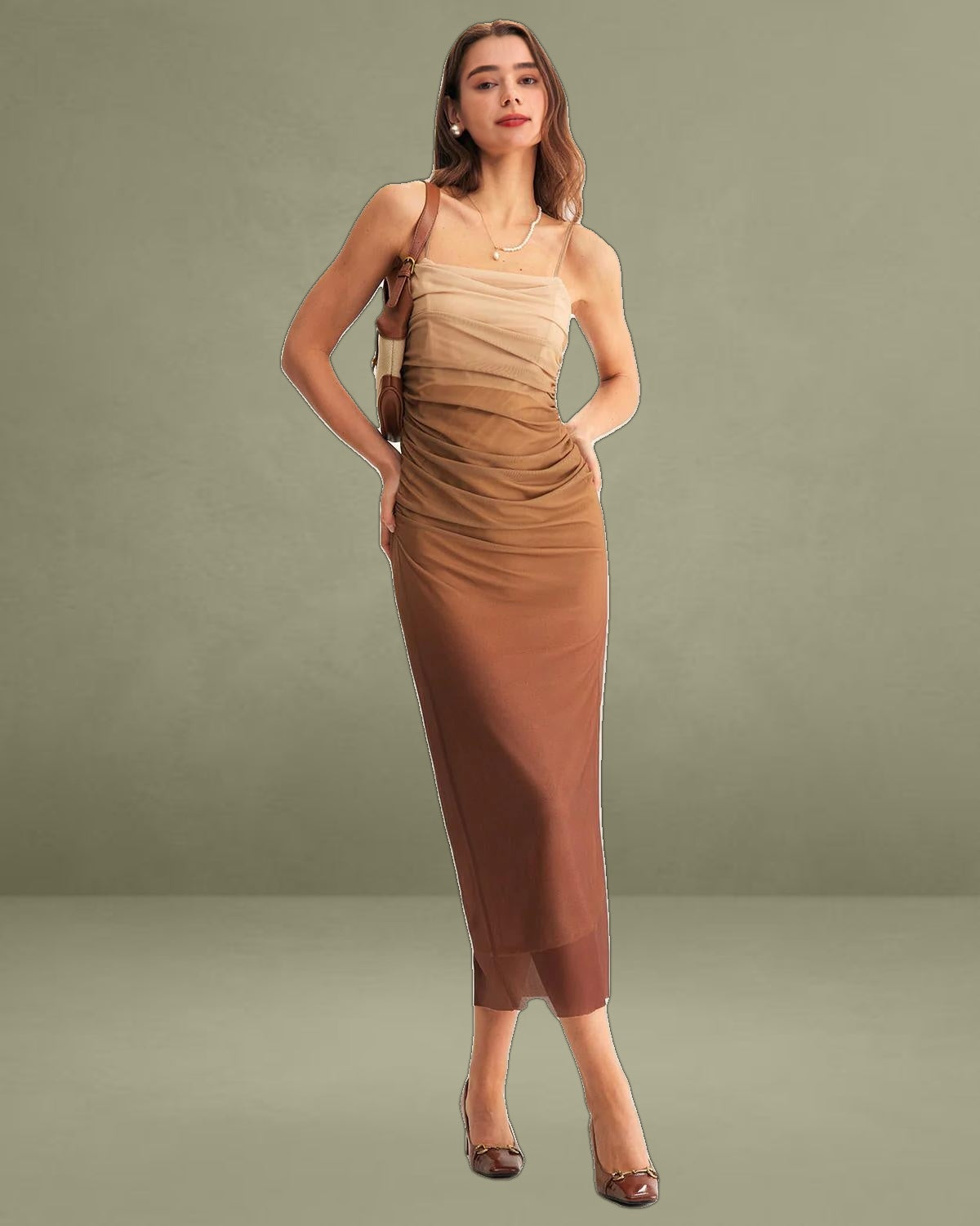 Brown Ruched Mesh Slip Midi Dress