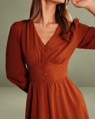 The Orange V Neck Pleated Button Midi Dress