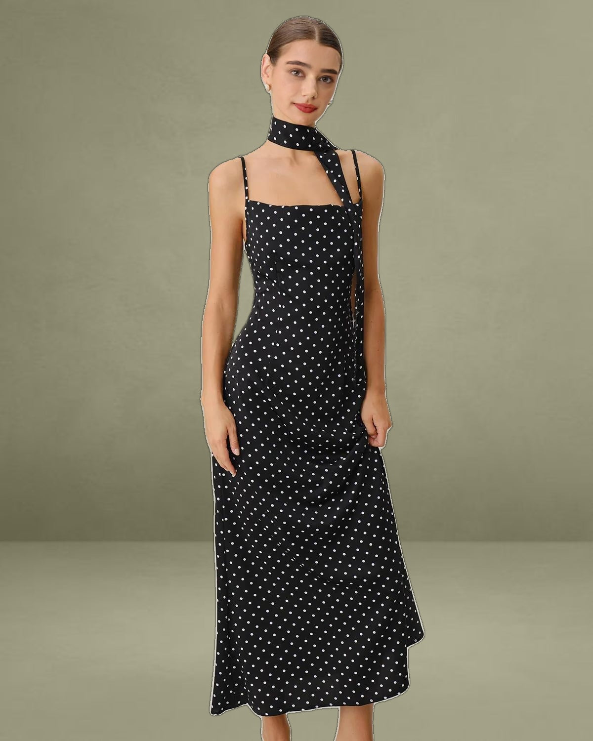 Black Polka Dot Cowl Neck Slip Maxi Dress