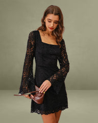 Black Lace Bell Sleeve A-Line Mini Dress