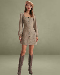 The Khaki Square Neck Plaid Button Mini Dress