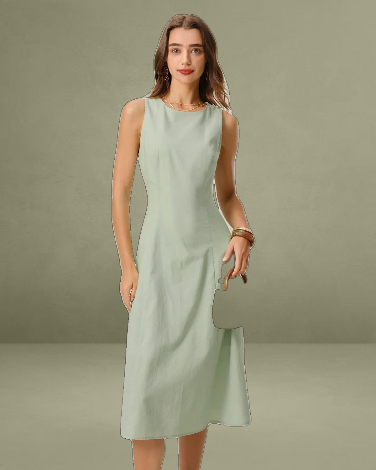 Green Round Neck Sleeveless Midi Dress