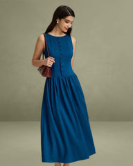 Blue Boat Neck Button Pocket Midi Dress