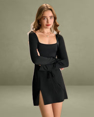 Women's Black Square Neck Long Sleeve Mini Dress