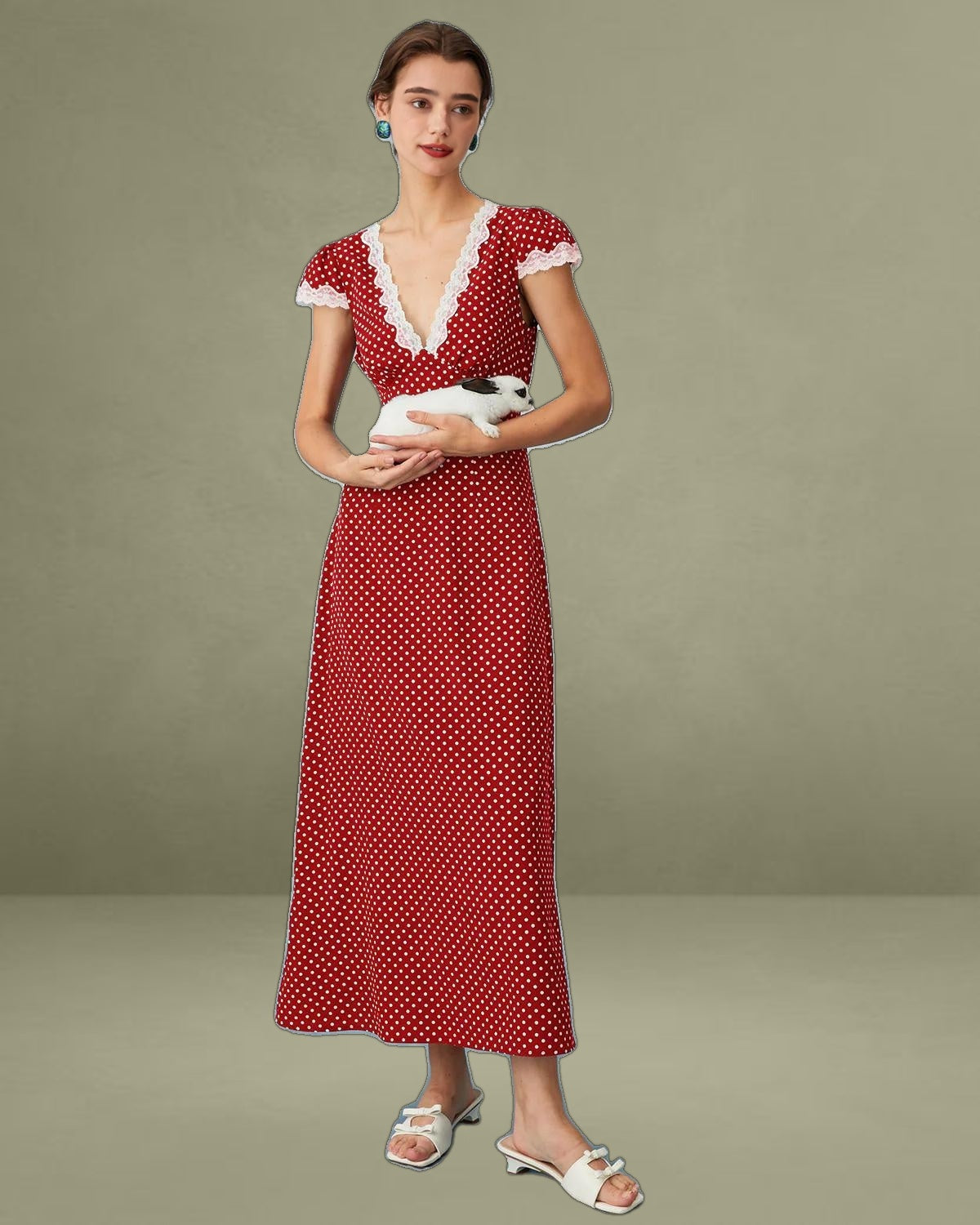 The Red V Neck Polka Dot Lace Ruched Maxi Dress
