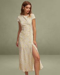 The Yellow Round Neck Floral Midi Dress