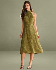 The Green Jacquard Ruched Halter Midi Dress