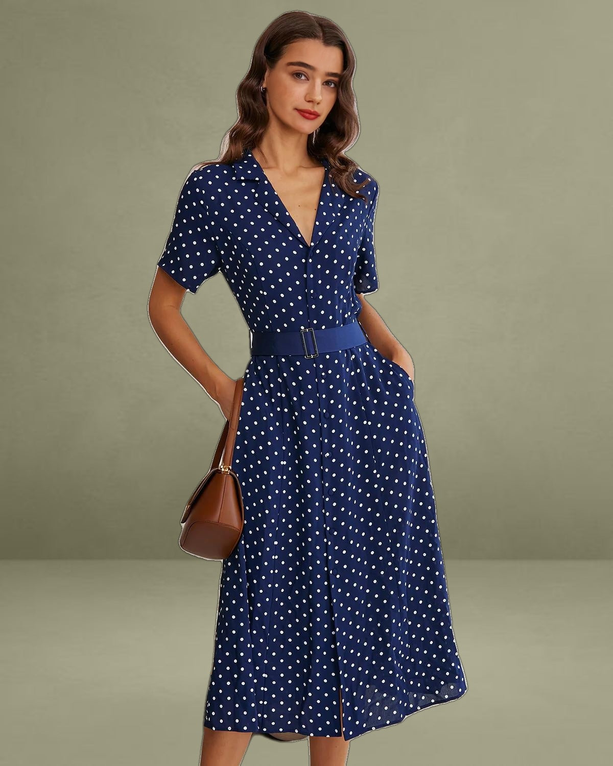 Blue Polka Dot Belted Midi Dress