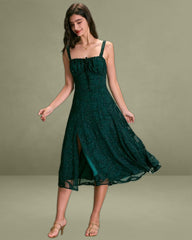 The Green Square Neck Jacquard Slit Midi Dress