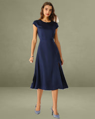 Navy Satin Cut Out Slit Midi Dress