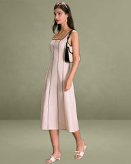 The Khaki Square Neck Contrast Midi Dress