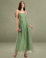Women's Green Embroidery Mesh Slip Maxi Dress
