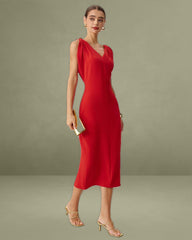 Red V Neck Sleeveless Midi Dress