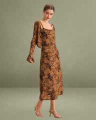 Brown Floral Two-piece Midi Dress