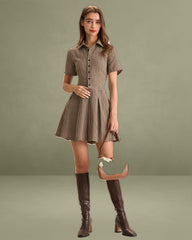Brown Plaid Lapel Pleated Mini Dress