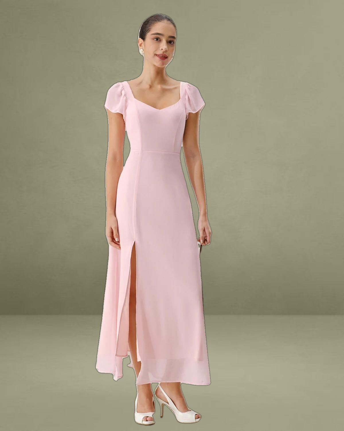 Pink Sweetheart Neck Chiffon Maxi Dress