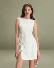 The White Boat Neck Bowknot Satin Mini Dress