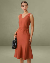 Red V Neck Mermaid Sleeveless Midi Dress