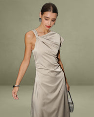 Grey Cowl Sleeve Asymmetrical Satin Midi Dress