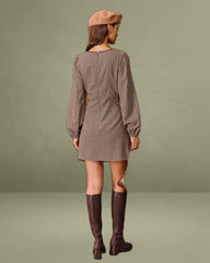 Brown Plaid Square Neck A-line Mini Dress