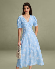Blue Floral Puffed Sleeve Ruched Midi Dress