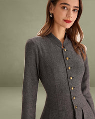 Grey Buttoned Pleated Mini Skirt Dress