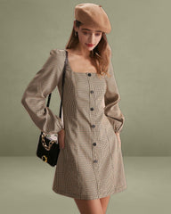 The Khaki Square Neck Plaid Button Mini Dress
