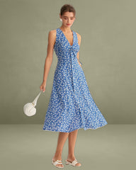 Blue Floral V Neck Sleeveless Midi Dress