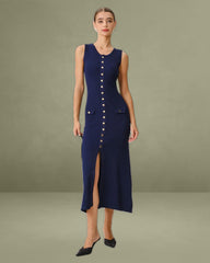 Blue U Neck Sleeveless Sweater Dress