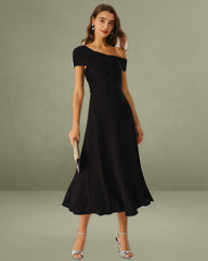 Black One-Shoulder A-Line Midi Dress