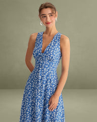 Blue Floral V Neck Sleeveless Midi Dress