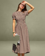 Brown Plaid Shirred Puffed Sleeve Mid-length Dress