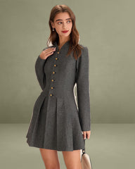 Grey Buttoned Pleated Mini Skirt Dress