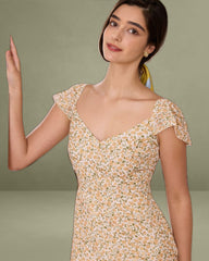 The Yellow V Neck Floral Slit Midi Dress