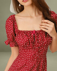 Red Polka Dot A-Line Square Neck Midi Dress